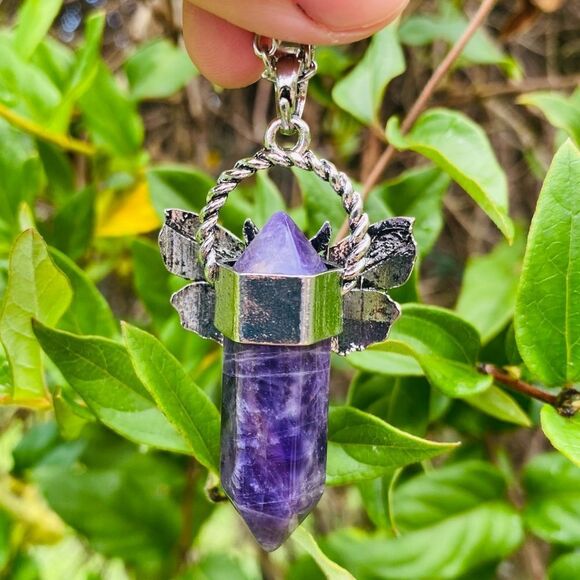 Gothic Moth Pendant Necklace with Antique Silver tone and Purple Gem - Picture 4 of 6